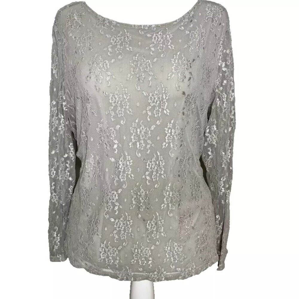 Dialogue Gray‎ Blouse XL Silver Lace Overlay Sparkle Fairy Coquette Business NWT